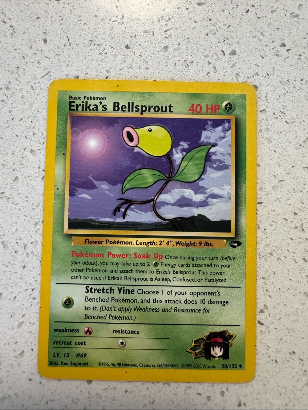 This is a 2000 Pokemon Gym Challenge Erika's Bellsprout trading card.